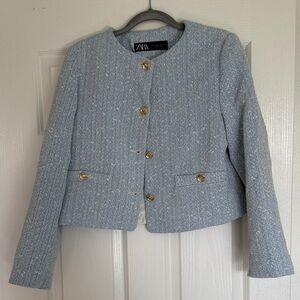 Zara Women's Light Blue Tweed Blazer with Gold Buttons